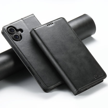 For iPhone 16 Plus Suteni Calf Texture Horizontal Flip Leather Phone Case(Black) by Suteni