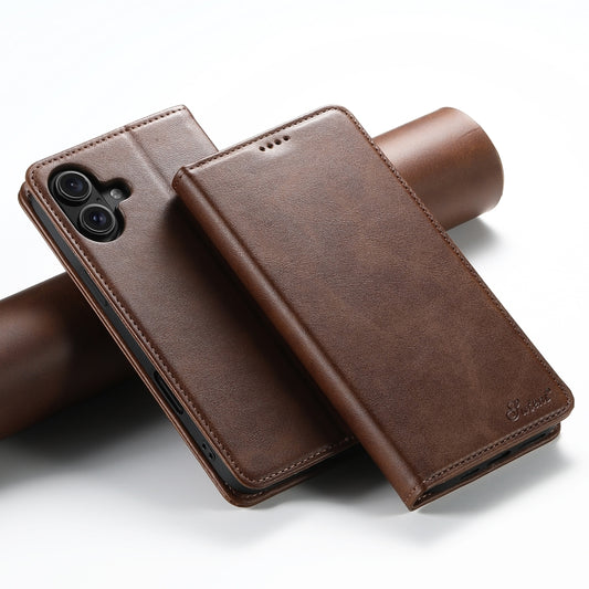 For iPhone 16 Plus Suteni Calf Texture Horizontal Flip Leather Phone Case(Brown) by Suteni