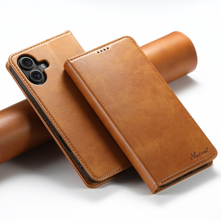 For iPhone 16 Plus Suteni Calf Texture Horizontal Flip Leather Phone Case(Khaki) by Suteni