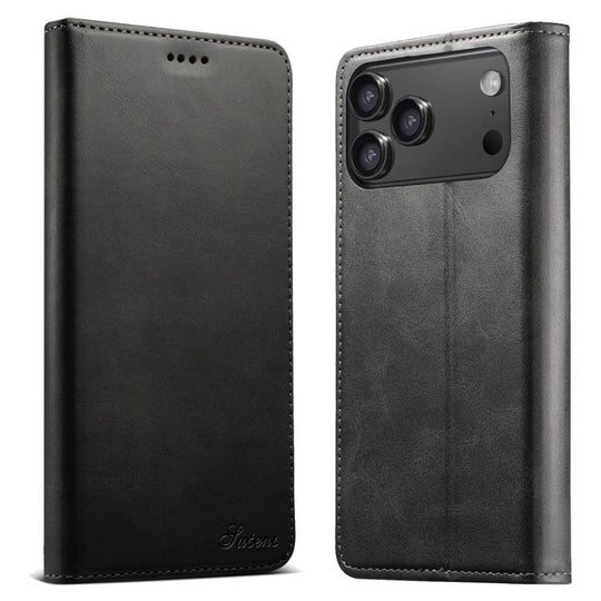 For iPhone 17 Pro Suteni Calf Texture Horizontal Flip Leather Phone Case(Black)