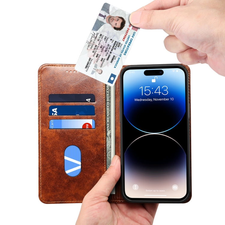 For iPhone 15 Pro Suteni Baroque Calf Texture Buckle Wallet Leather Phone Case(Khaki) - iPhone 15 Pro Cases by Suteni | Online Shopping UK | buy2fix