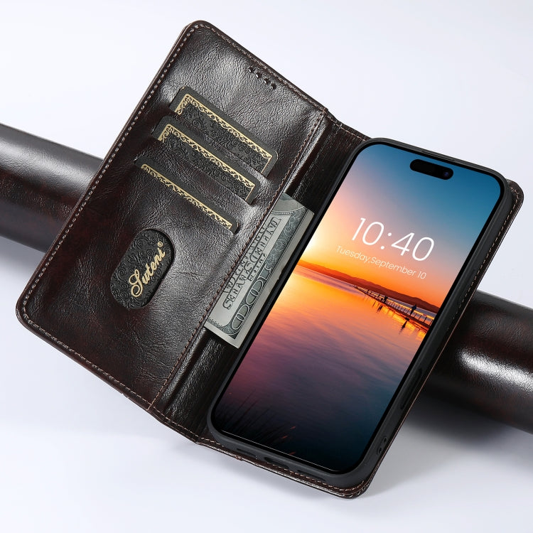 For iPhone 16 Suteni Baroque Calf Texture Buckle Wallet Leather Phone Case(Brown) by Suteni