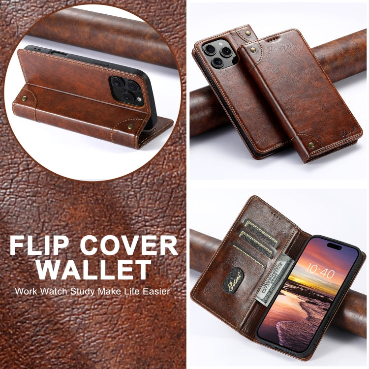 For iPhone 16 Suteni Baroque Calf Texture Buckle Wallet Leather Phone Case(Khaki) by Suteni