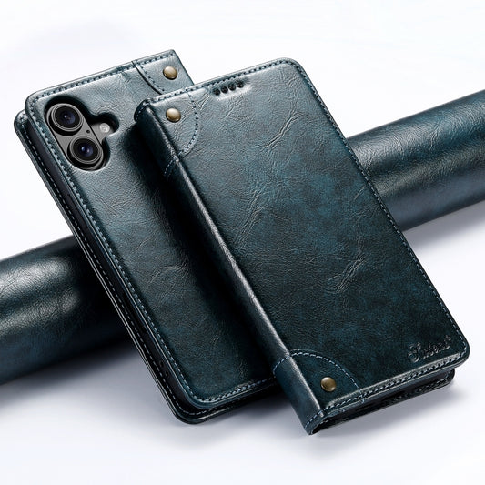 For iPhone 16 Suteni Baroque Calf Texture Buckle Wallet Leather Phone Case(Blue) by Suteni