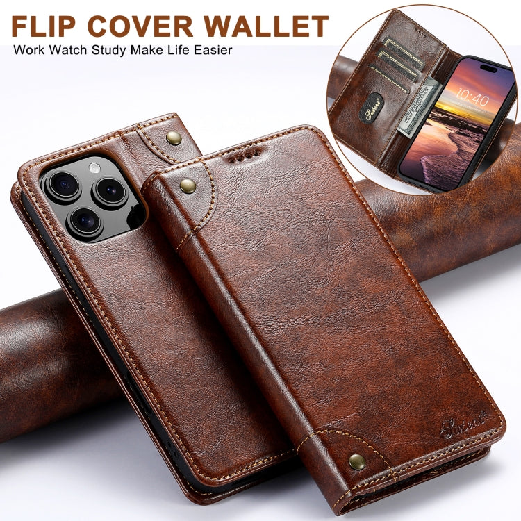 For iPhone 16 Pro Suteni Baroque Calf Texture Buckle Wallet Leather Phone Case(Khaki) by Suteni