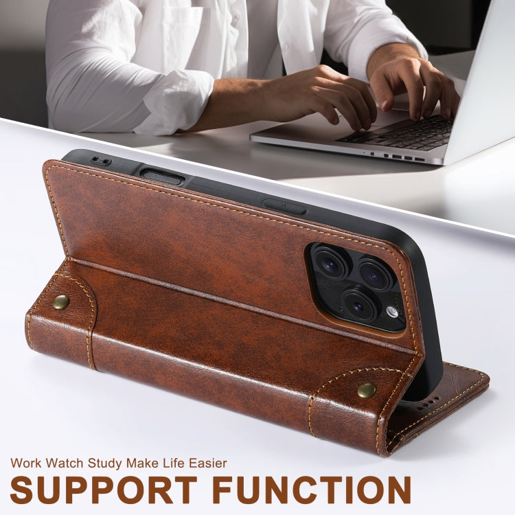 For iPhone 16 Pro Suteni Baroque Calf Texture Buckle Wallet Leather Phone Case(Khaki) by Suteni