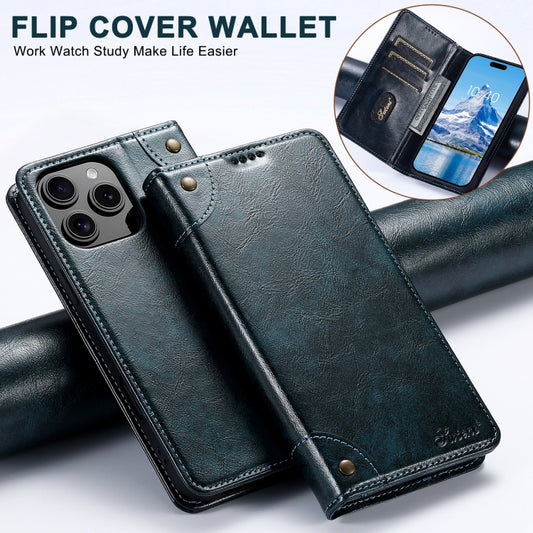 For iPhone 16 Pro Suteni Baroque Calf Texture Buckle Wallet Leather Phone Case(Blue) by Suteni