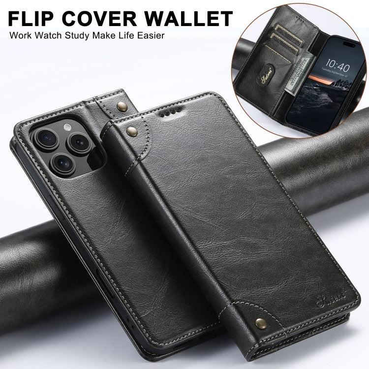 For iPhone 16 Plus Suteni Baroque Calf Texture Buckle Wallet Leather Phone Case(Black) by Suteni