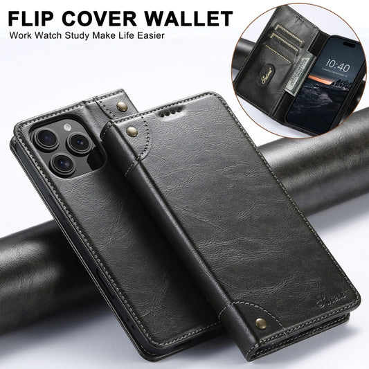 For iPhone 16 Plus Suteni Baroque Calf Texture Buckle Wallet Leather Phone Case(Black) by Suteni