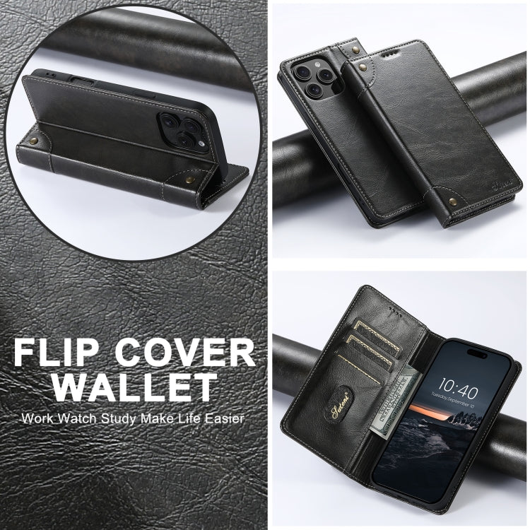 For iPhone 16 Plus Suteni Baroque Calf Texture Buckle Wallet Leather Phone Case(Black) by Suteni