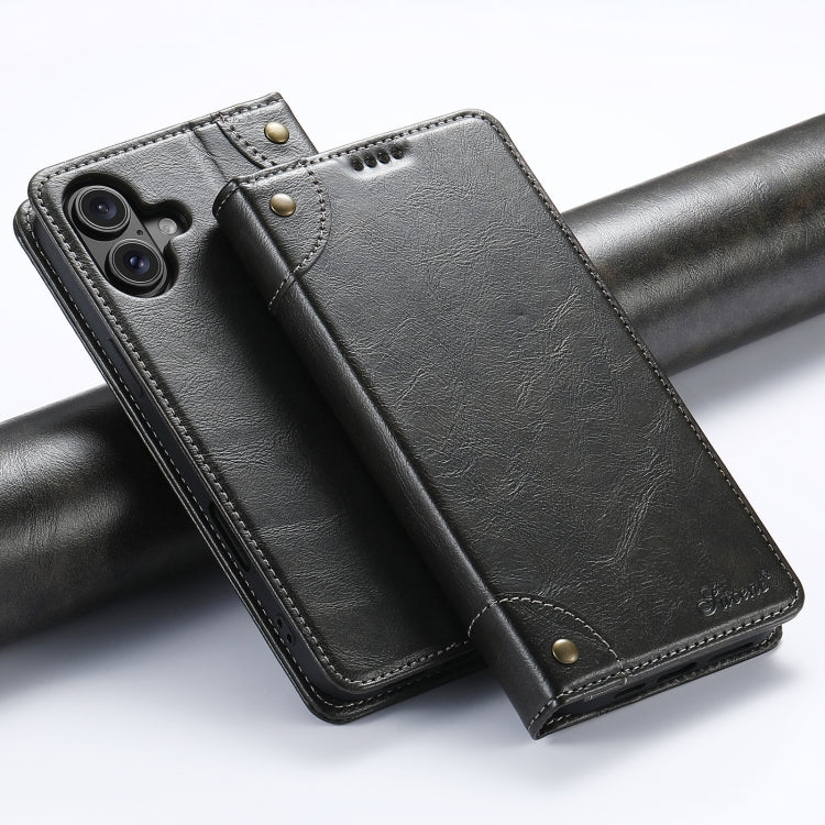 For iPhone 16 Plus Suteni Baroque Calf Texture Buckle Wallet Leather Phone Case(Black) by Suteni