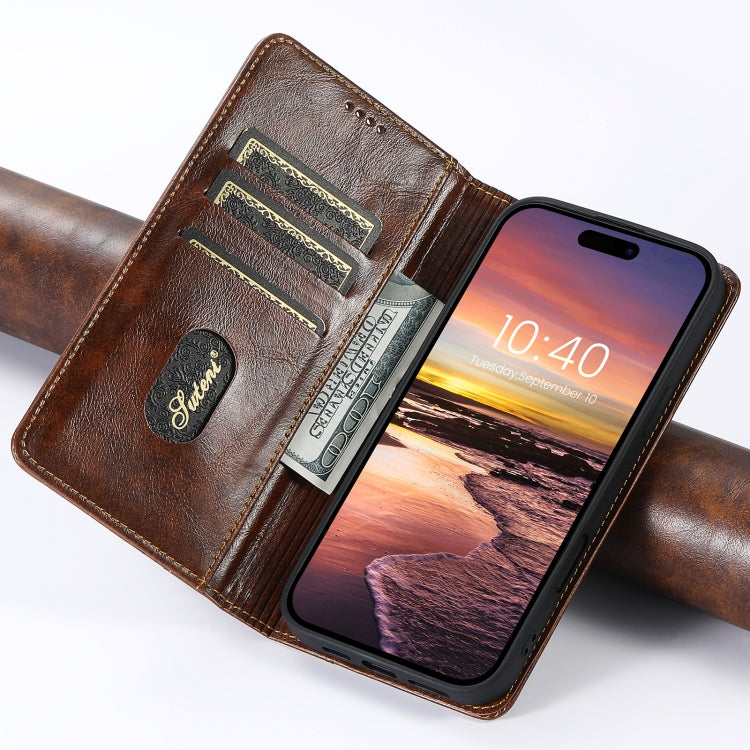 For iPhone 16 Plus Suteni Baroque Calf Texture Buckle Wallet Leather Phone Case(Khaki) by Suteni