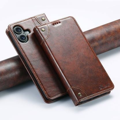 For iPhone 16 Plus Suteni Baroque Calf Texture Buckle Wallet Leather Phone Case(Khaki) by Suteni