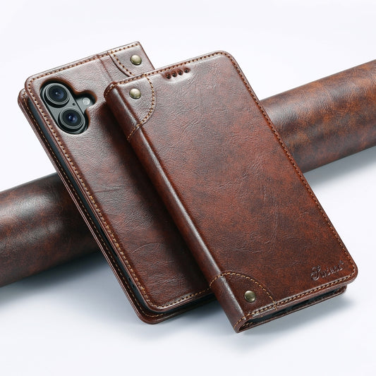 For iPhone 16 Plus Suteni Baroque Calf Texture Buckle Wallet Leather Phone Case(Khaki) by Suteni