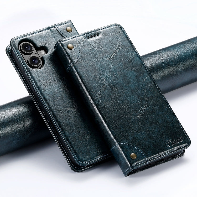 For iPhone 16 Plus Suteni Baroque Calf Texture Buckle Wallet Leather Phone Case(Blue) by Suteni