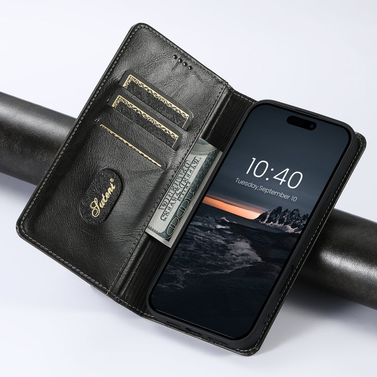 For iPhone 16 Pro Max Suteni Baroque Calf Texture Buckle Wallet Leather Phone Case(Black) by Suteni