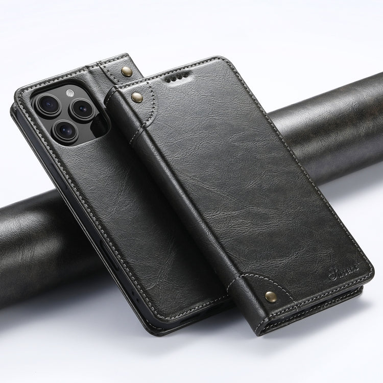 For iPhone 16 Pro Max Suteni Baroque Calf Texture Buckle Wallet Leather Phone Case(Black) by Suteni