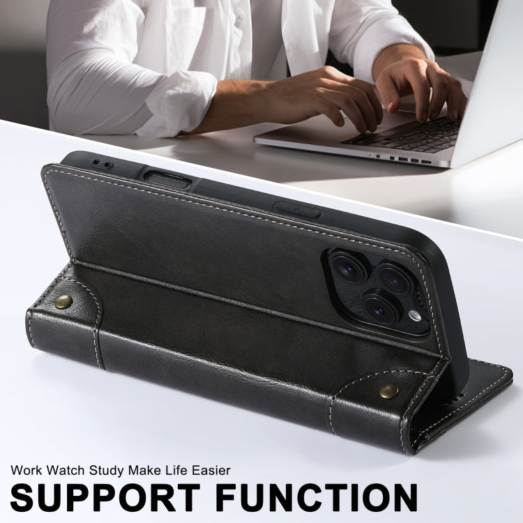 For iPhone 16 Pro Max Suteni Baroque Calf Texture Buckle Wallet Leather Phone Case(Black) by Suteni