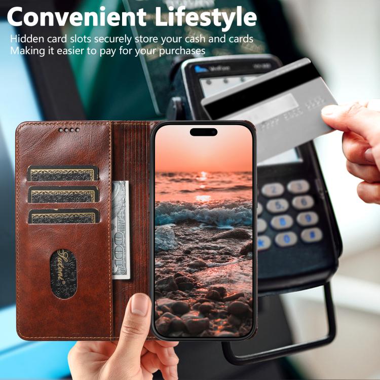 For iPhone 17 Pro Max Suteni Baroque Calf Texture Buckle Wallet Leather Phone Case(Khaki) - iPhone 17 Pro Max Cases by Suteni | Online Shopping UK | buy2fix