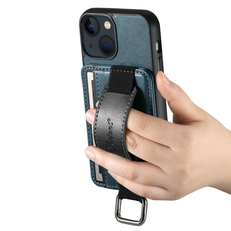 For iPhone 15 Suteni H13 Card Wallet Wrist Strap Holder PU Phone Case(Blue) - iPhone 15 Cases by Suteni | Online Shopping UK | buy2fix