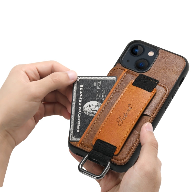 For iPhone 15 Plus Suteni H13 Card Wallet Wrist Strap Holder PU Phone Case(Brown) - iPhone 15 Plus Cases by Suteni | Online Shopping UK | buy2fix