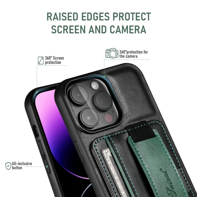 For iPhone 16 Suteni H13 Card Wallet Wrist Strap Holder PU Phone Case(Black) by Suteni