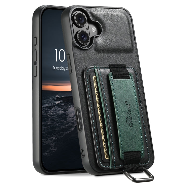 For iPhone 16 Suteni H13 Card Wallet Wrist Strap Holder PU Phone Case(Black) by Suteni