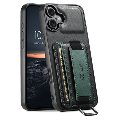 For iPhone 16 Suteni H13 Card Wallet Wrist Strap Holder PU Phone Case(Black) by Suteni