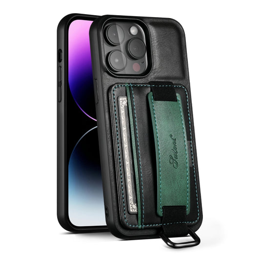 For iPhone 16 Pro Suteni H13 Card Wallet Wrist Strap Holder PU Phone Case(Black) by Suteni