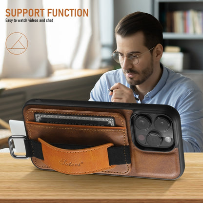 For iPhone 16 Pro Suteni H13 Card Wallet Wrist Strap Holder PU Phone Case(Brown) by Suteni