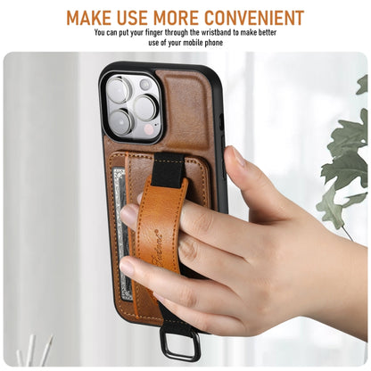 For iPhone 16 Pro Suteni H13 Card Wallet Wrist Strap Holder PU Phone Case(Brown) by Suteni