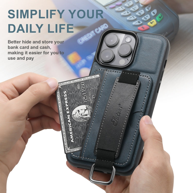 For iPhone 16 Pro Suteni H13 Card Wallet Wrist Strap Holder PU Phone Case(Blue) by Suteni