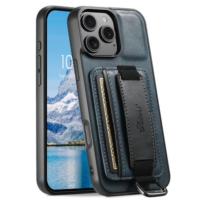 For iPhone 16 Pro Suteni H13 Card Wallet Wrist Strap Holder PU Phone Case(Blue) by Suteni