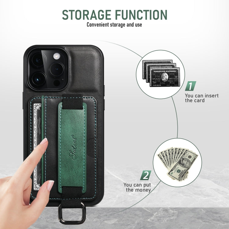 For iPhone 16 Plus Suteni H13 Card Wallet Wrist Strap Holder PU Phone Case(Black) by Suteni