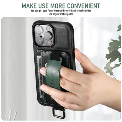 For iPhone 16 Plus Suteni H13 Card Wallet Wrist Strap Holder PU Phone Case(Black) by Suteni
