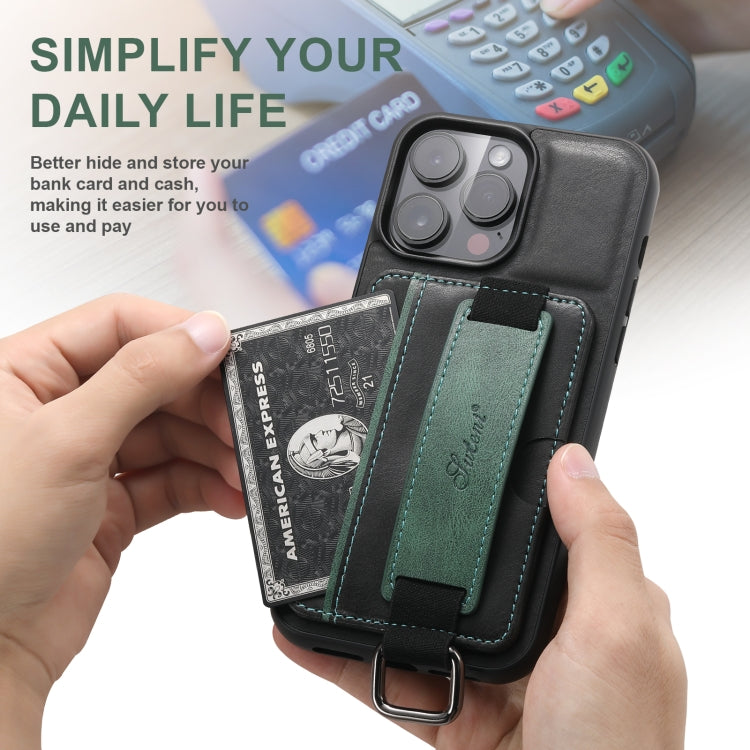 For iPhone 16 Plus Suteni H13 Card Wallet Wrist Strap Holder PU Phone Case(Black) by Suteni