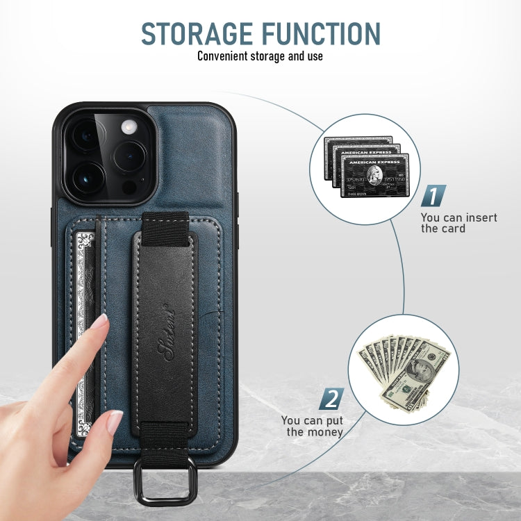 For iPhone 16 Plus Suteni H13 Card Wallet Wrist Strap Holder PU Phone Case(Blue) by Suteni