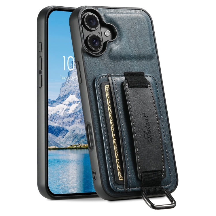 For iPhone 16 Plus Suteni H13 Card Wallet Wrist Strap Holder PU Phone Case(Blue) by Suteni