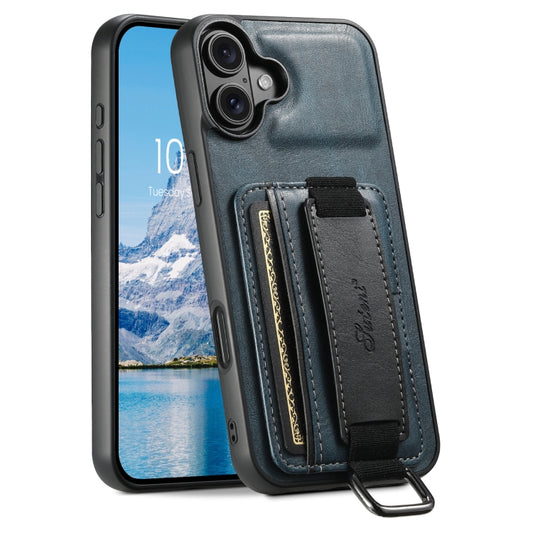 For iPhone 16 Plus Suteni H13 Card Wallet Wrist Strap Holder PU Phone Case(Blue) by Suteni