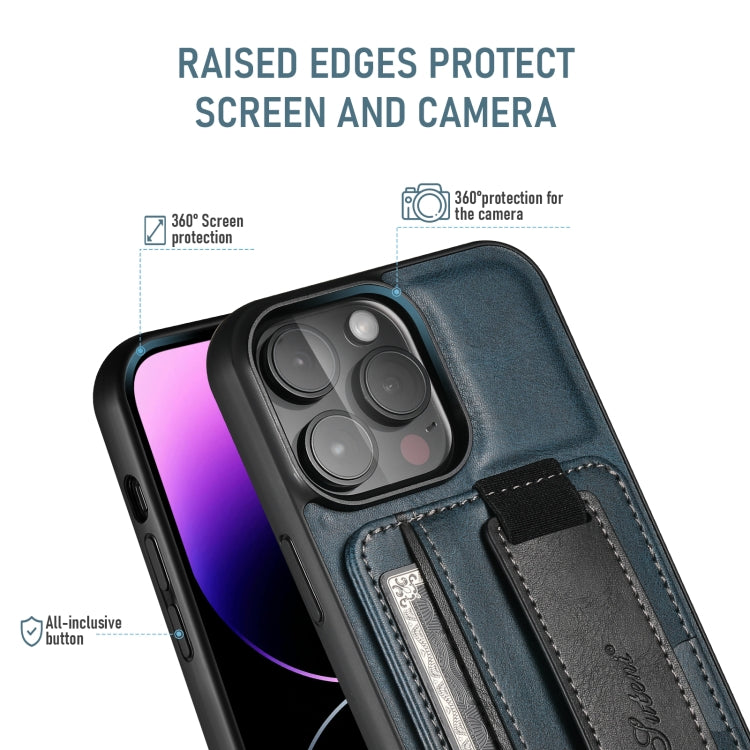 For iPhone 16 Pro Max Suteni H13 Card Wallet Wrist Strap Holder PU Phone Case(Blue) by Suteni