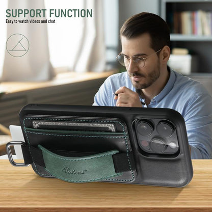 For iPhone 16e Suteni H13 Card Wallet Wrist Strap Holder PU Phone Case(Black) - iPhone 16e Cases by Suteni | Online Shopping UK | buy2fix