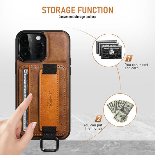For iPhone 16e Suteni H13 Card Wallet Wrist Strap Holder PU Phone Case(Brown) - iPhone 16e Cases by Suteni | Online Shopping UK | buy2fix