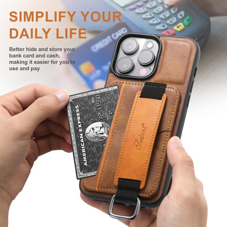 For iPhone 16e Suteni H13 Card Wallet Wrist Strap Holder PU Phone Case(Brown) - iPhone 16e Cases by Suteni | Online Shopping UK | buy2fix