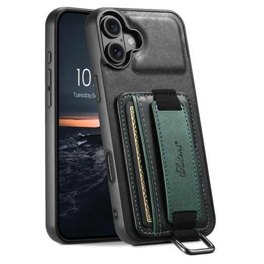 For iPhone 17 Suteni H13 Card Wallet Wrist Strap Holder PU Phone Case(Black) - iPhone 17 Cases by Suteni | Online Shopping UK | buy2fix