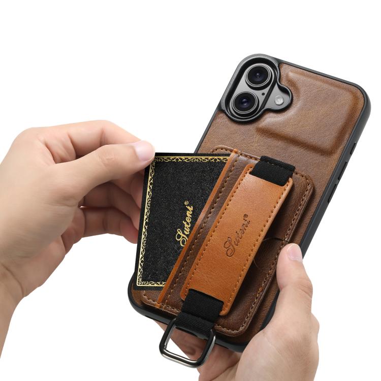 For iPhone 17 Suteni H13 Card Wallet Wrist Strap Holder PU Phone Case(Brown) - iPhone 17 Cases by Suteni | Online Shopping UK | buy2fix