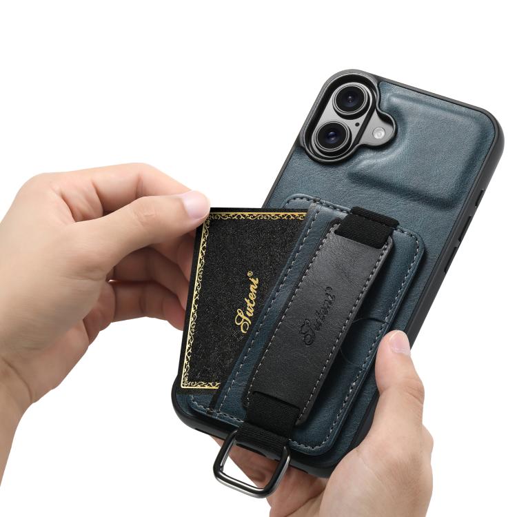 For iPhone 17 Suteni H13 Card Wallet Wrist Strap Holder PU Phone Case(Blue) - iPhone 17 Cases by Suteni | Online Shopping UK | buy2fix
