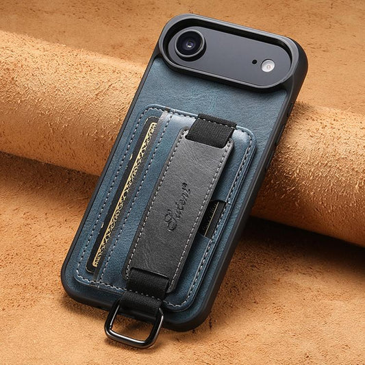 For iPhone 17 Air Suteni H13 Card Wallet Wrist Strap Holder PU Phone Case(Blue) - iPhone 17 Air Cases by Suteni | Online Shopping UK | buy2fix