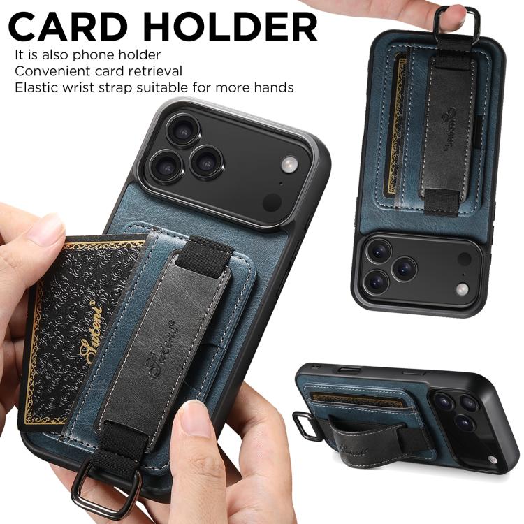 For iPhone 17 Pro Suteni H13 Card Wallet Wrist Strap Holder PU Phone Case(Blue) - iPhone 17 Pro Cases by Suteni | Online Shopping UK | buy2fix