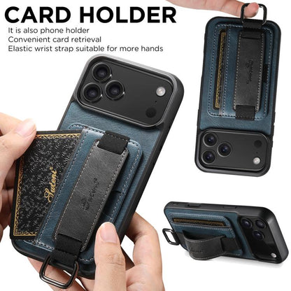 For iPhone 17 Pro Suteni H13 Card Wallet Wrist Strap Holder PU Phone Case(Blue) - iPhone 17 Pro Cases by Suteni | Online Shopping UK | buy2fix