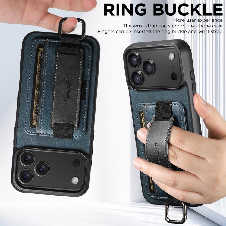 For iPhone 17 Pro Suteni H13 Card Wallet Wrist Strap Holder PU Phone Case(Blue) - iPhone 17 Pro Cases by Suteni | Online Shopping UK | buy2fix